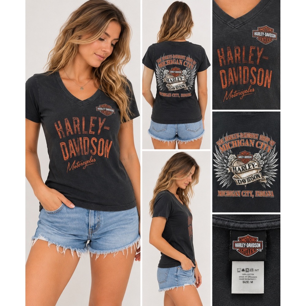 Harley Davidson Michigan City Indiana V-Neck Graphic Tee Black Womens Medium